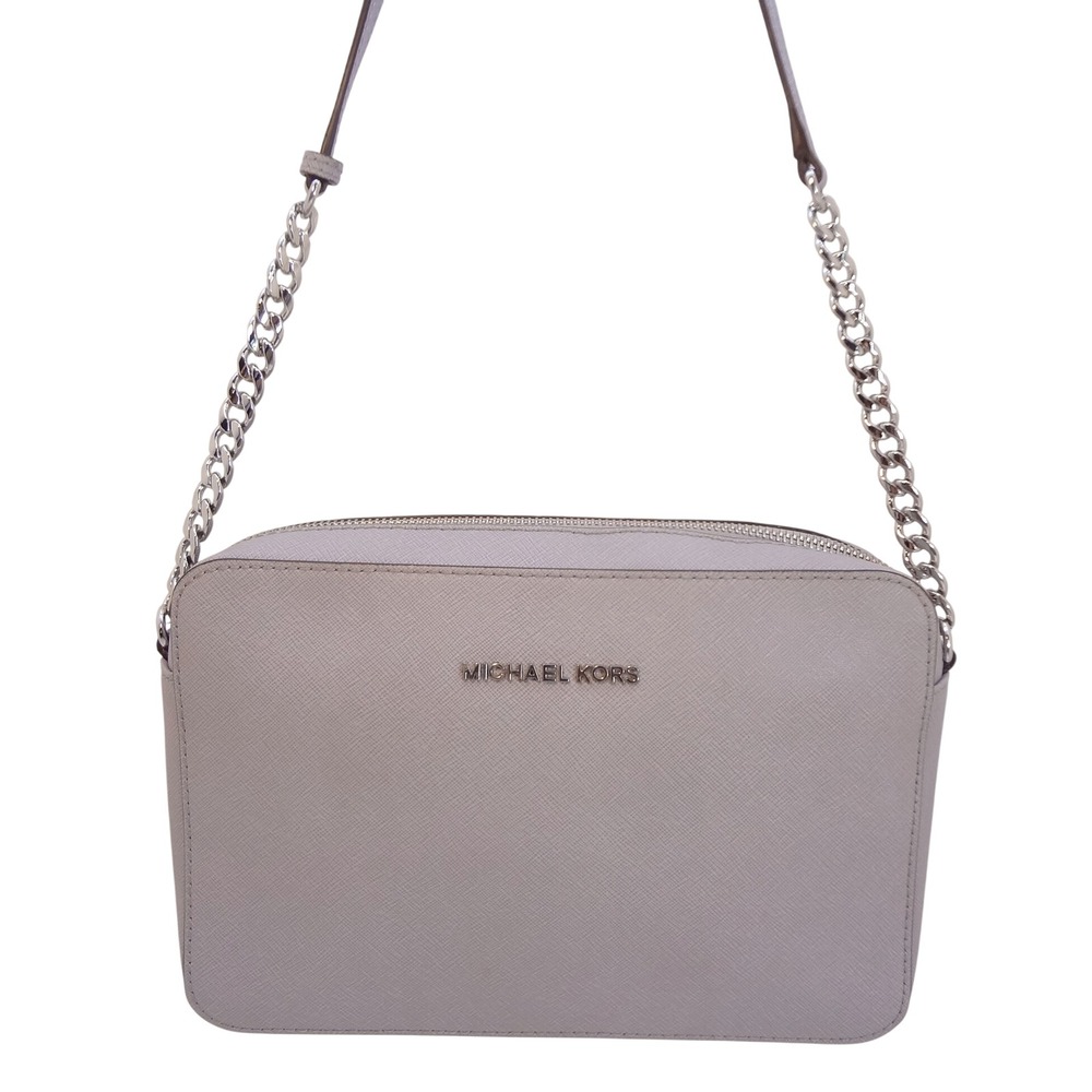 Michael Kors Jet Set East/West Crossbody Bag Grey Saffiano Leather Chain COA